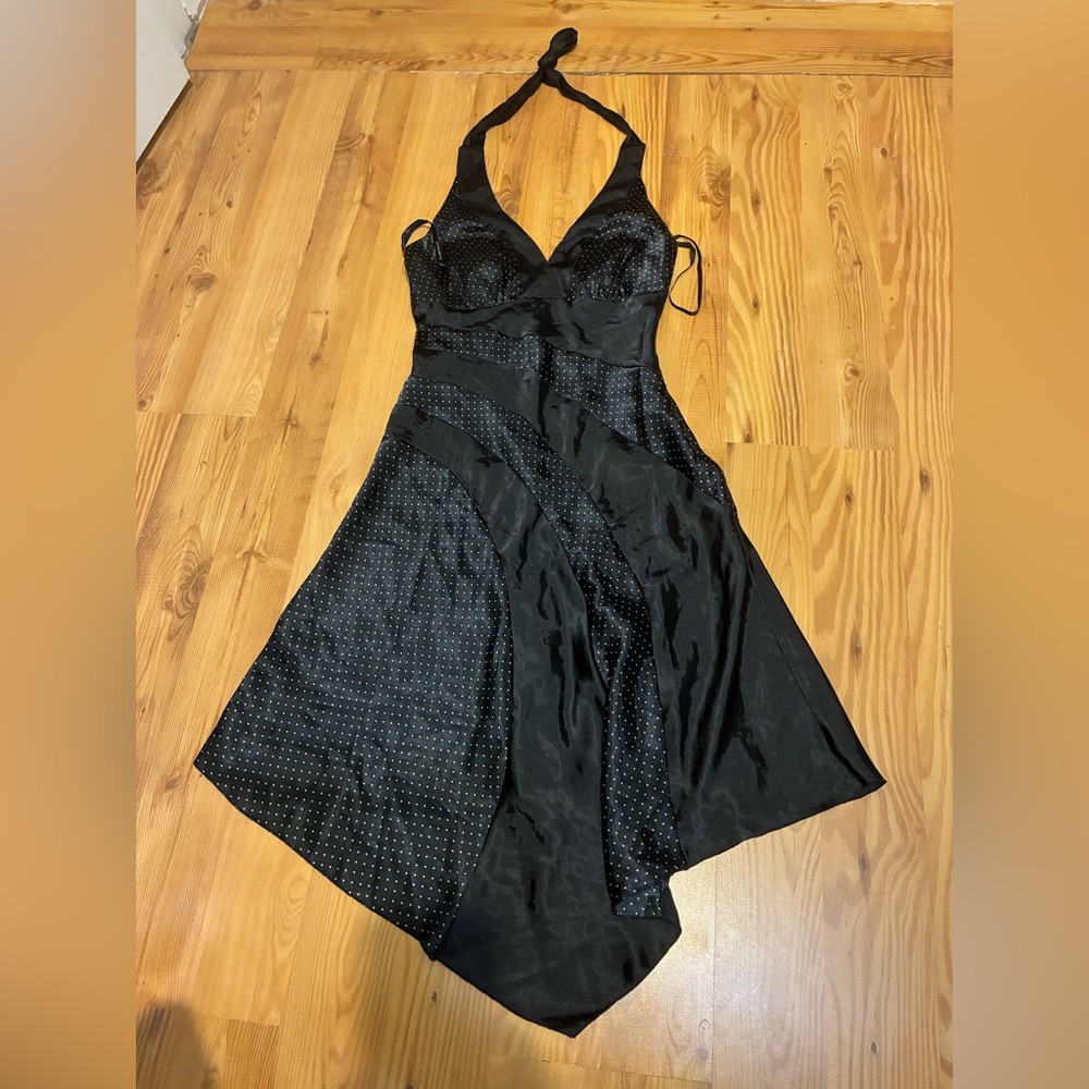 Rampage Black Polka Dot Halter Dress Size 5 Handkerchief Hem Party Cocktail Y2K